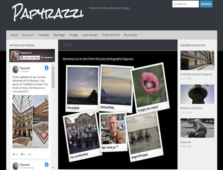 Page d'accueil du site Papyrazzi avec photos de voyage et reportages.