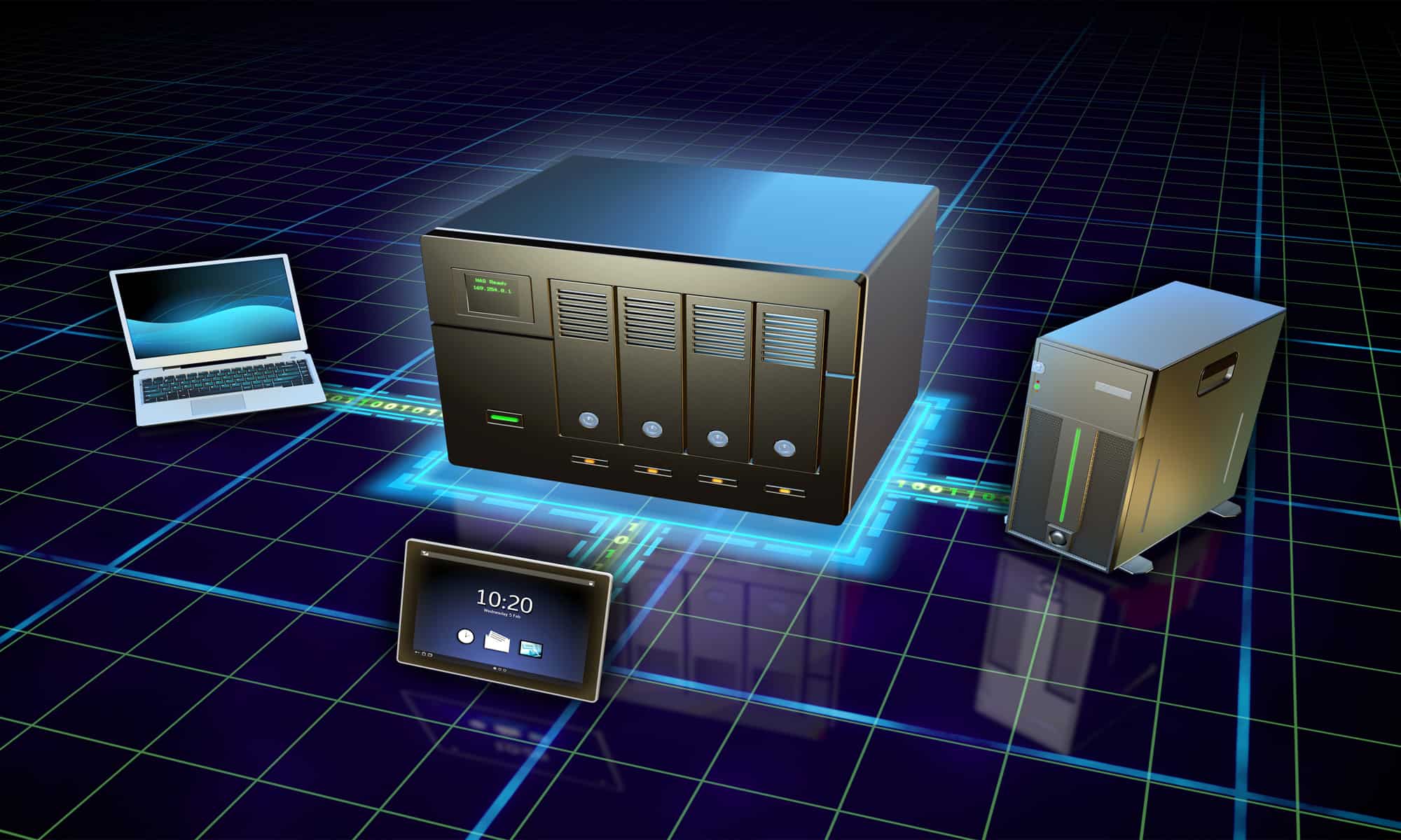 Serveur NAS connecté à un ordinateur et un disque dur externe.