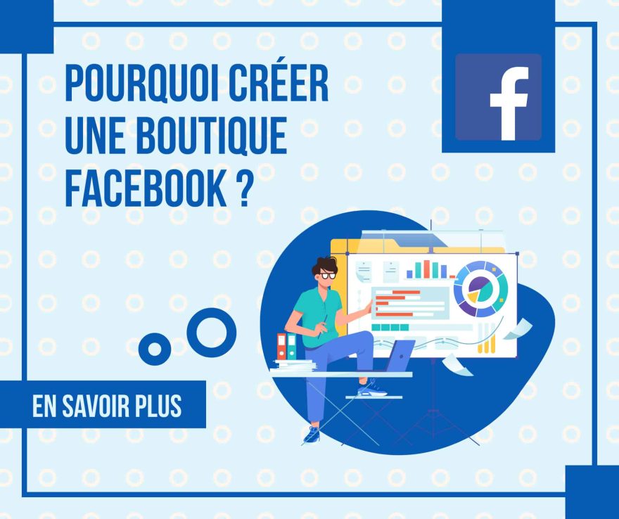 Illustration d'une personne gérant une boutique Facebook avec graphiques et ordinateur.