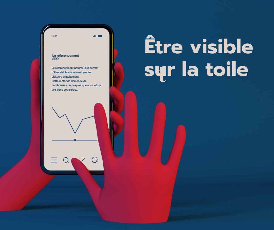 Illustration d'une main tenant un smartphone affichant des statistiques SEO.