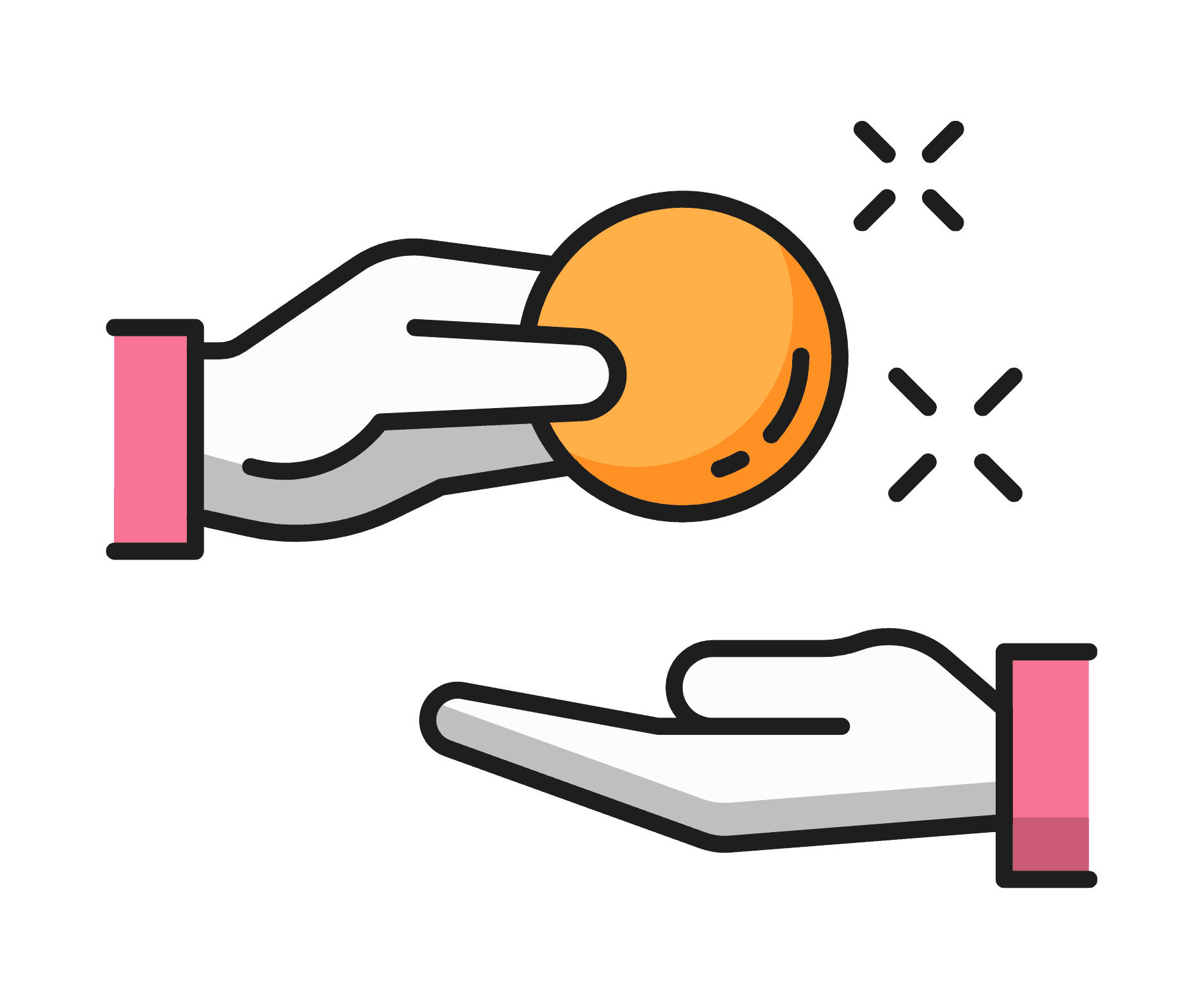 Image d'une main offrant une balle orange à une autre main.