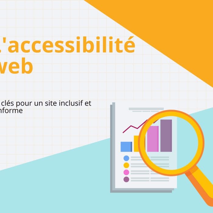 Image d'une page web avec un graphique et une loupe pour illustrer l'accessibilité numérique.