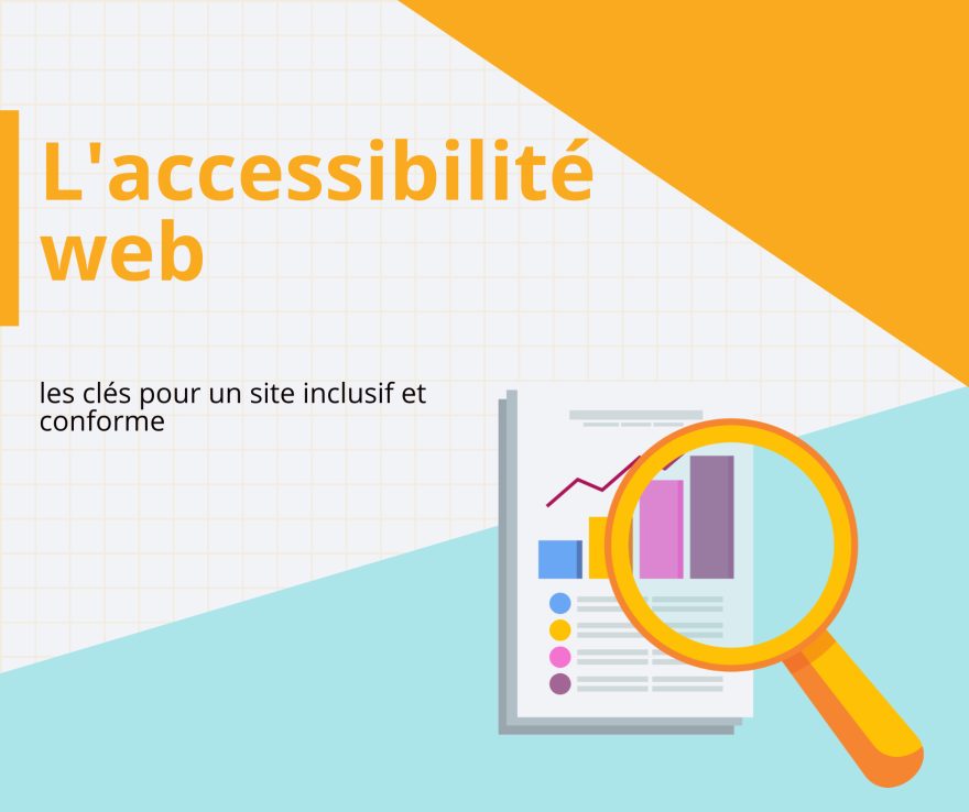 Image d'une page web avec un graphique et une loupe pour illustrer l'accessibilité numérique.