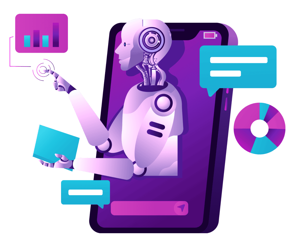 Robot IA manipulant des données sur un smartphone moderne.