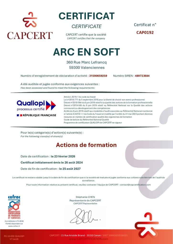 Certificat de formation Qualiopi pour le développement professionnel.