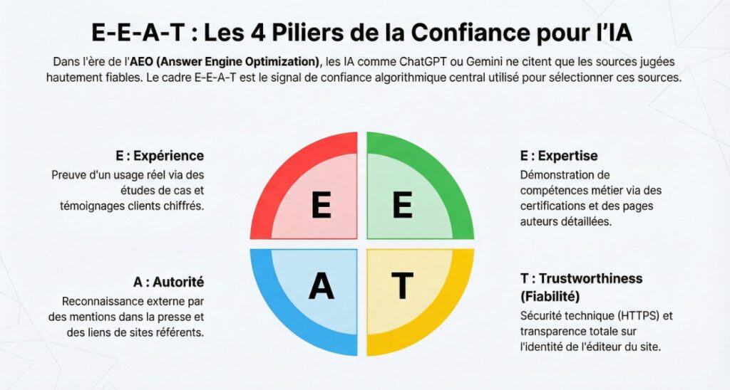 Image illustrant les 4 piliers de la confiance pour l'IA : expérience, expertise, autorité, fiabilit.