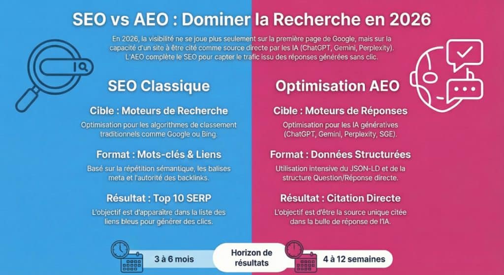 Optimisation AEO pour répondre aux questions IA et améliorer la visibilité en ligne.