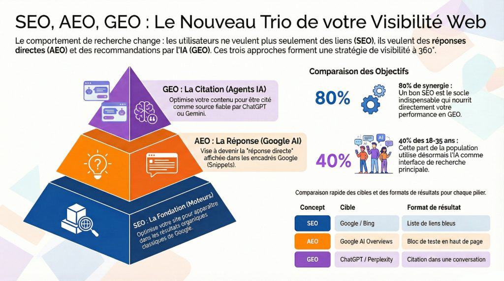 Comparatif SEO, AEO, GEO pour améliorer votre visibilité en ligne.