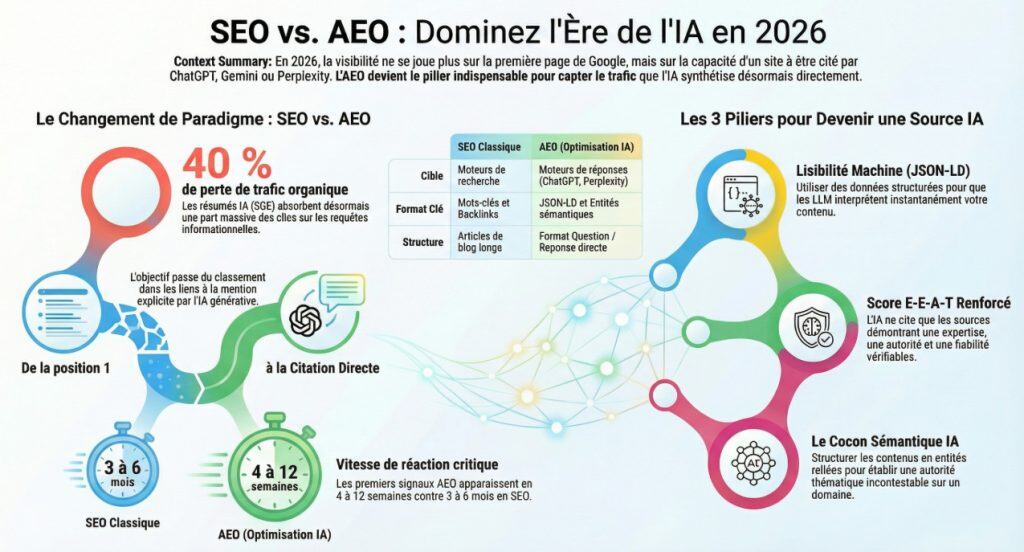 Image illustrant l'importance de l'AEO pour surpasser le SEO traditionnel face à l'IA.