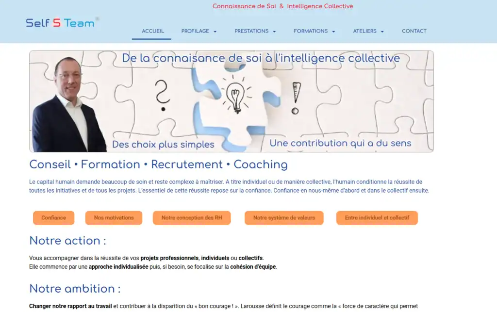 Illustration d'une équipe Self S Team avec des pièces de puzzle et une ampoule, symbolisant la confi.