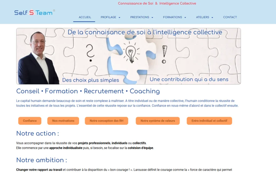 Illustration d'une équipe Self S Team avec des pièces de puzzle et une ampoule, symbolisant la confi.