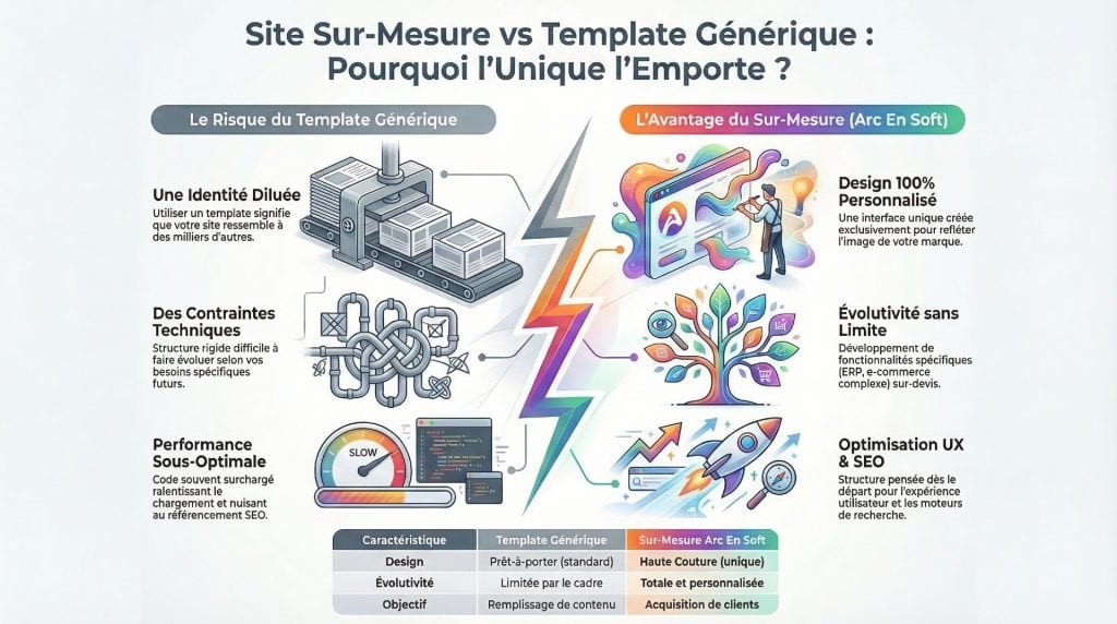 Comparatif entre site personnalisé et template standard pour votre présence en ligne.