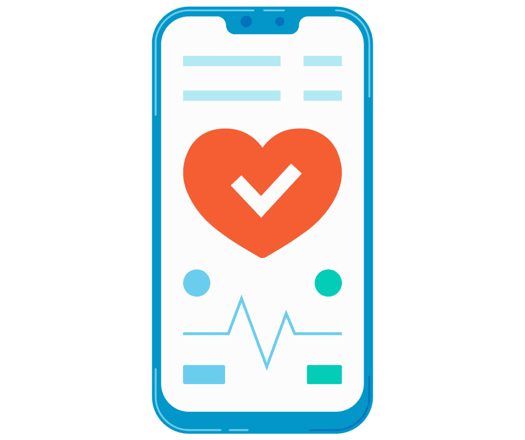 Image représentant un smartphone avec un cœur et un check-up médical.
