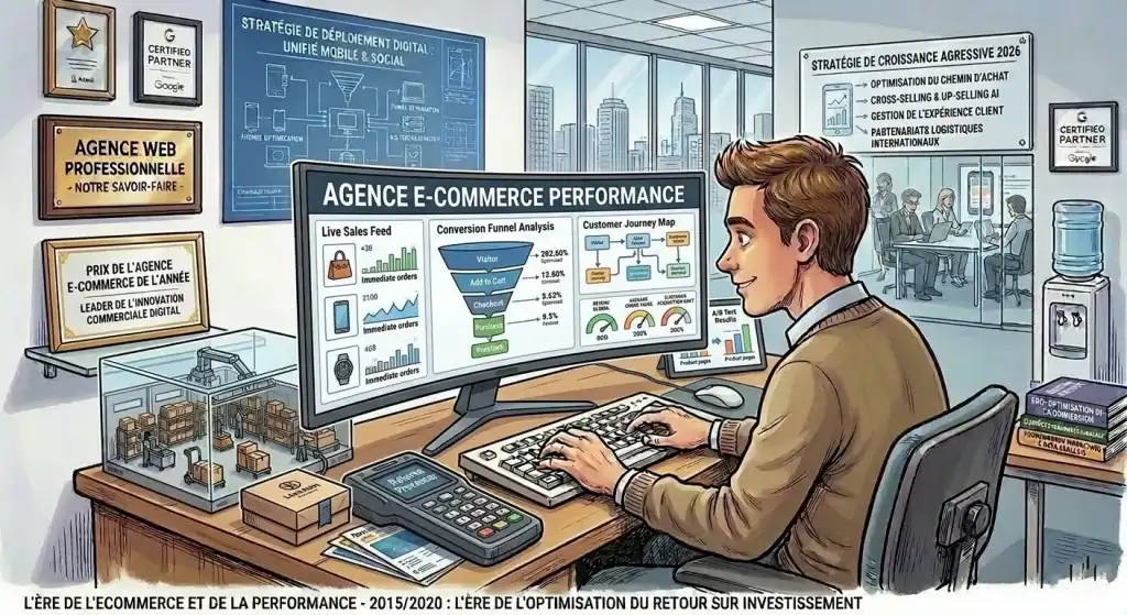 Personne travaillant sur un ordinateur avec tableaux de performance e-commerce.