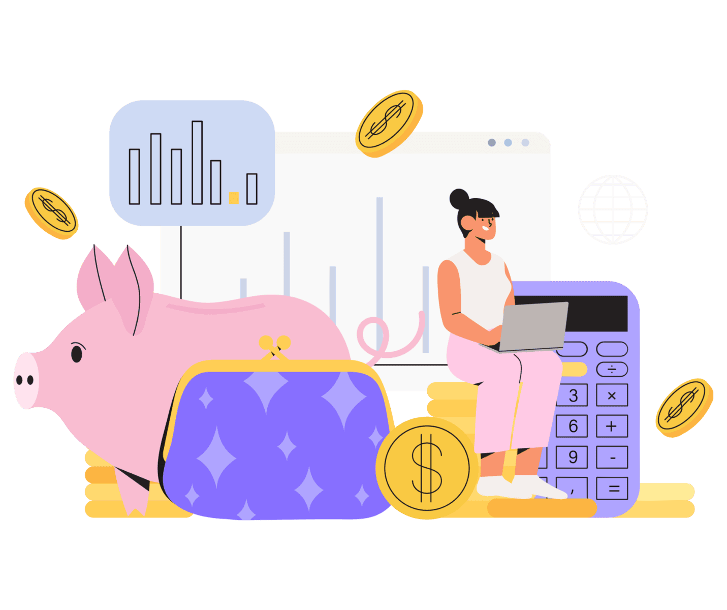 Femme utilisant un ordinateur portable avec un cochon piggy bank et graphiques financiers.