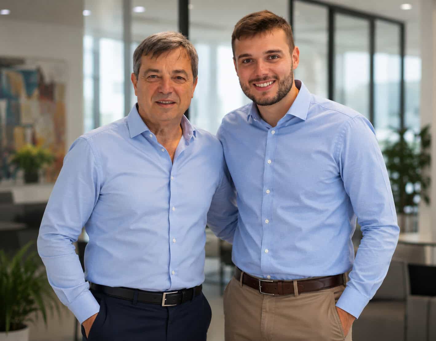 Deux hommes souriants en costume dans un bureau moderne.