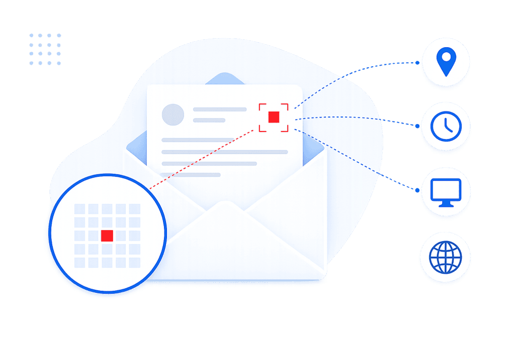 Illustration de suivi d'email avec localisation, horloge, ordinateur et globe.