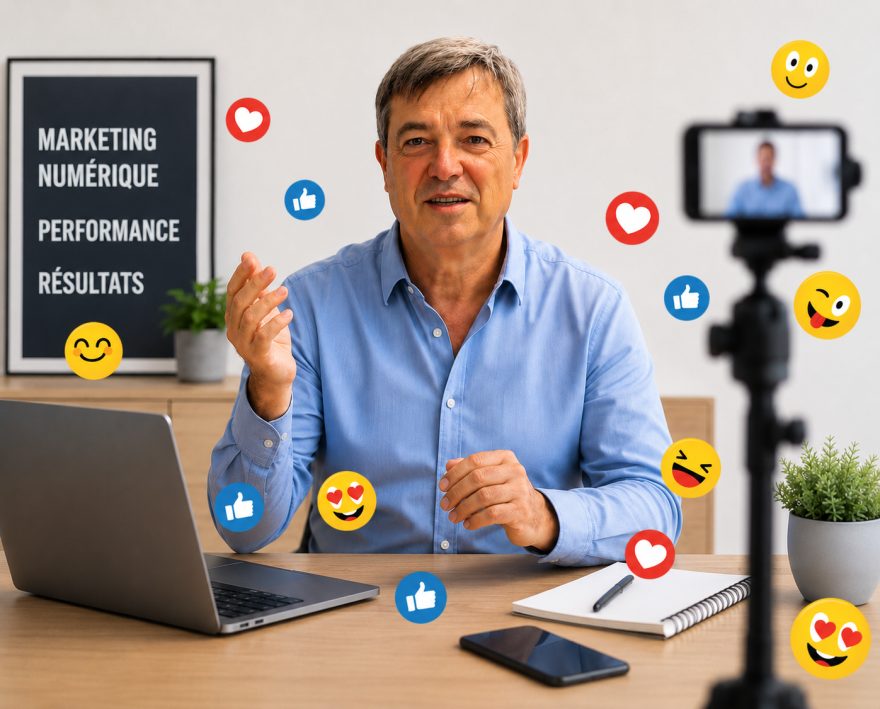 Homme en vidéo pour marketing numérique avec réactions sociales.
