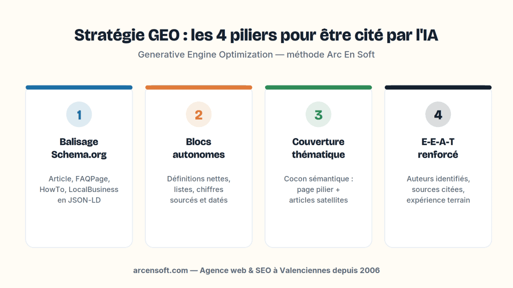 Infographie sur la stratégie GEO avec 4 piliers principaux.