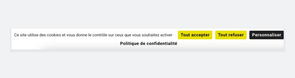 Exemple de bandeau cookies en barre de bas de page : boutons Tout accepter, Tout refuser et Personnaliser côte à côte