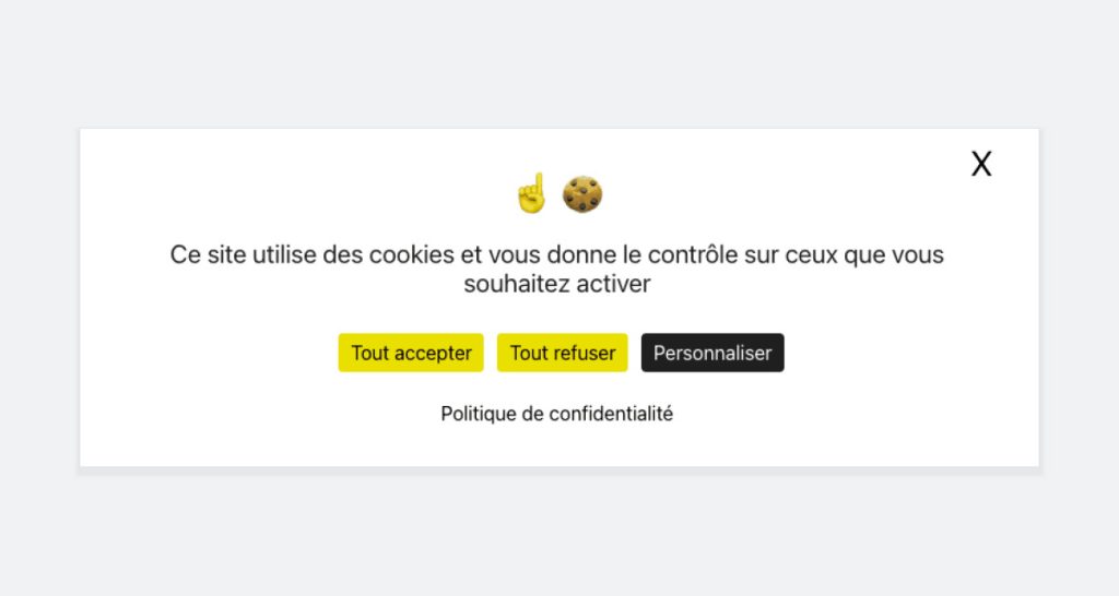 Exemple de bandeau cookies conforme : boutons Tout accepter et Tout refuser au même niveau, bouton Personnaliser et lien vers la politique de confidentialité