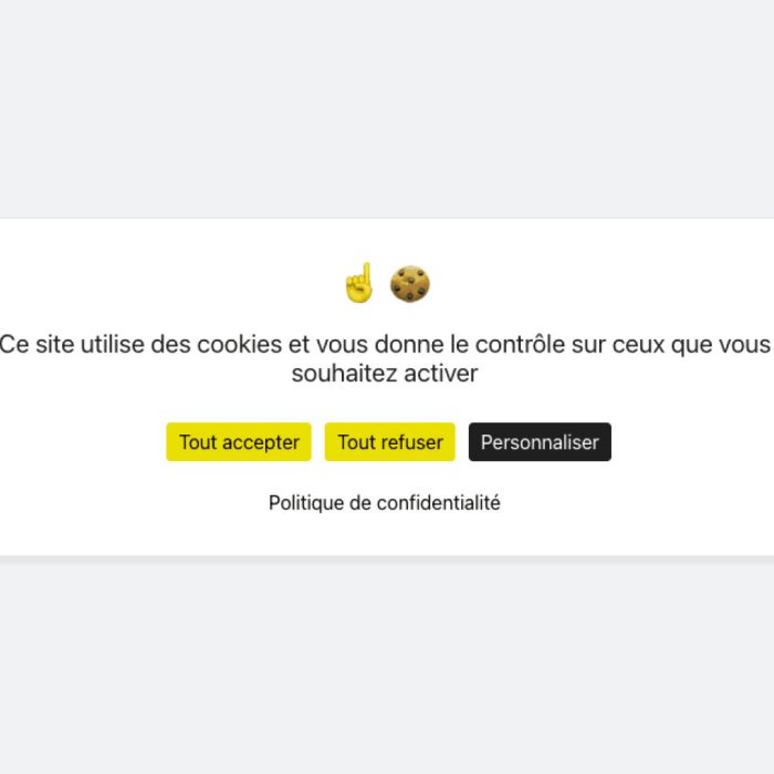 Exemple de bandeau cookies conforme : boutons Tout accepter et Tout refuser au même niveau, bouton Personnaliser et lien vers la politique de confidentialité