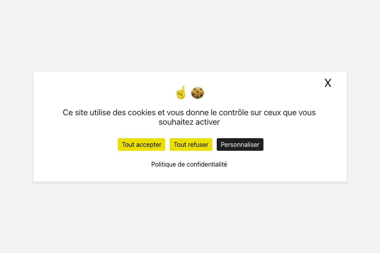 Exemple de bandeau cookies conforme : boutons Tout accepter et Tout refuser au même niveau, bouton Personnaliser et lien vers la politique de confidentialité