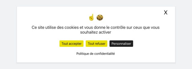 Exemple de bandeau cookies conforme : boutons Tout accepter et Tout refuser au même niveau, bouton Personnaliser et lien vers la politique de confidentialité