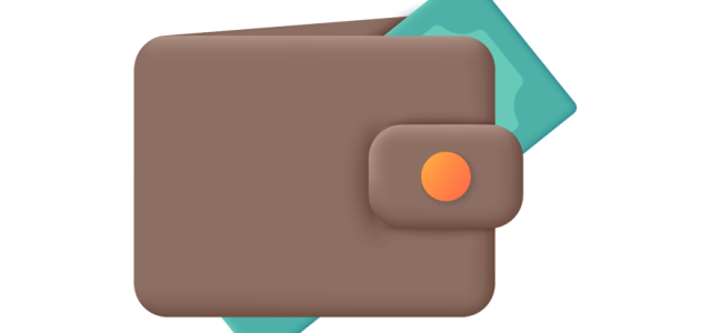 Portefeuille en cuir brun avec billets et carte bancaire visible.