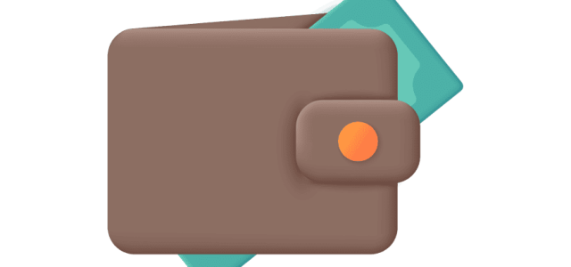 Portefeuille en cuir brun avec billets et carte bancaire visible.