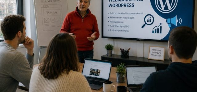 Formateur en webmarketing présentant une formation WordPress à un groupe d'apprenants.